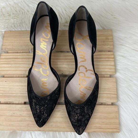 Sam Edelman Opal d'Orsay Lace & Suede Leather Women's Black Pointed Toe Heels - Picture 5 of 9